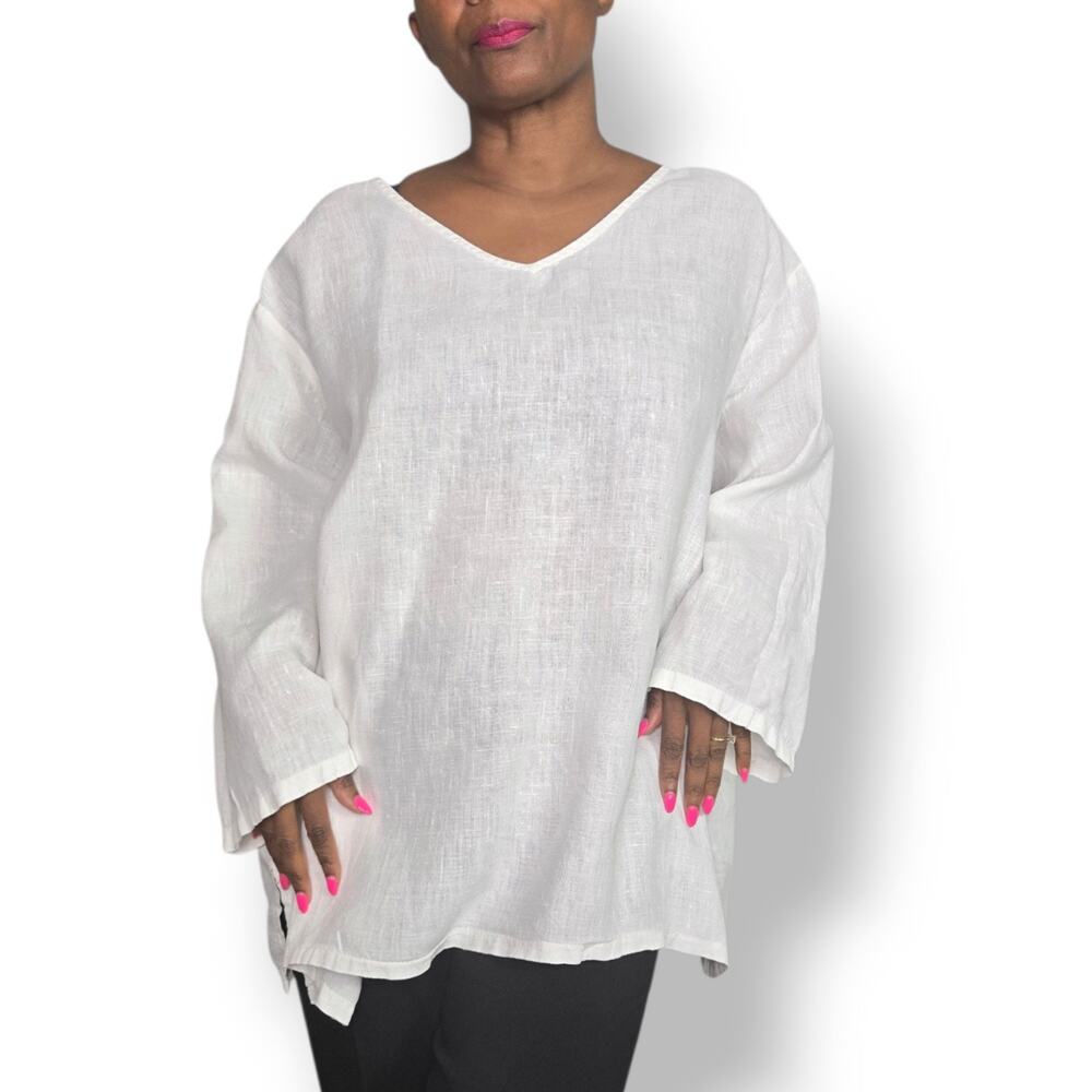 Match Point Linen Tunic White VNeck Long Sleeve Pullover Tunic Top Plus Size 2XL